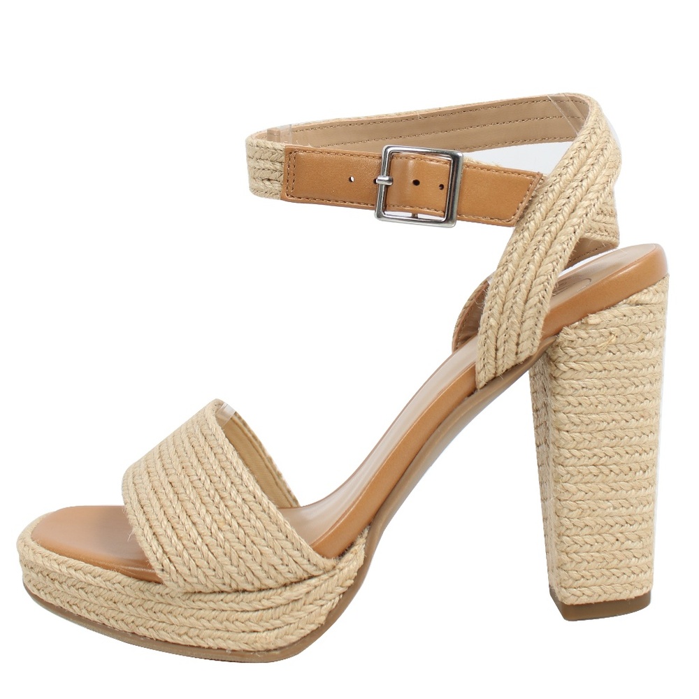 Tan Jute Open Toe Ankle Strap Platform Block Heel